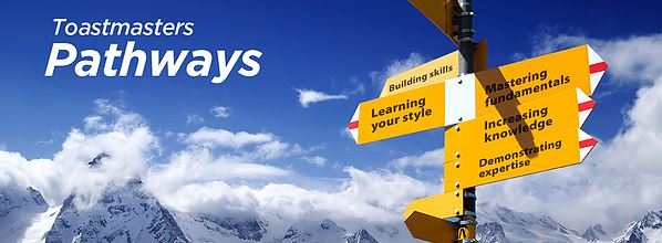 Direction Signage stand displaying directions to 5 Pathways Levels set on snow covered mountains & blue sky background along with a header written in bold text "Toastmasters Pathways" on extreme left